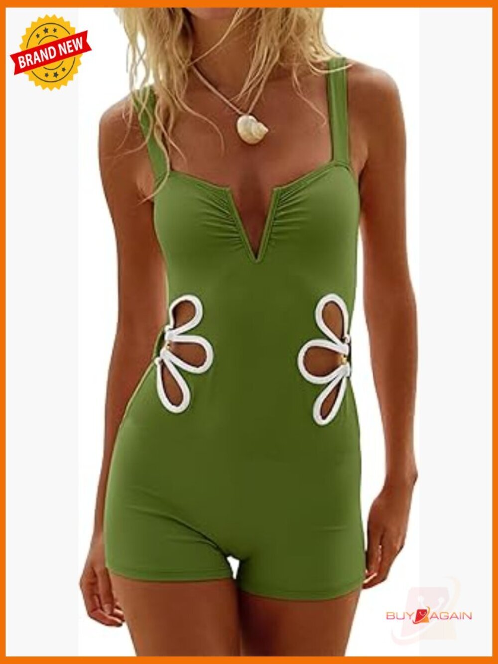 One Piece Boyleg Swimsuit V Neck Swim Romper Shorts Side Cutout Tummy Control